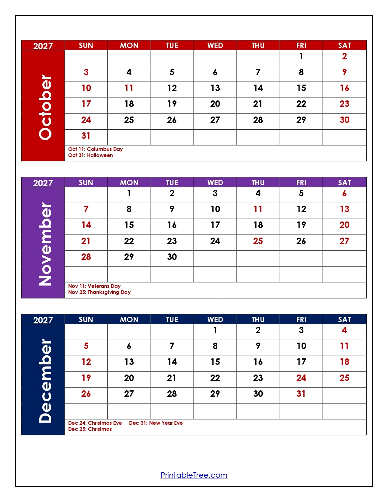 Printable October November December Calendar