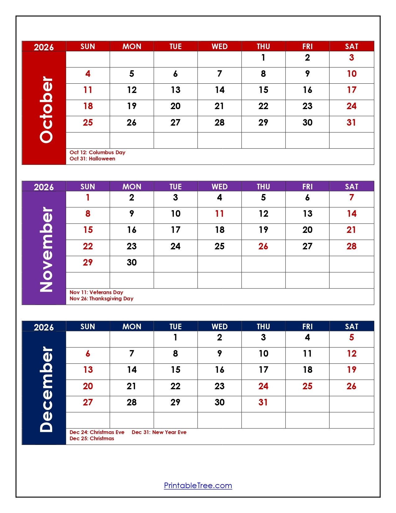 October To December 2026 Calendar Printable Three Month Calendar