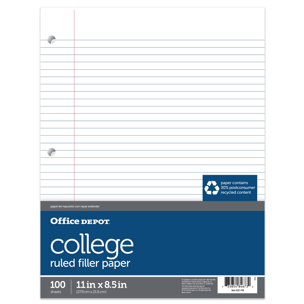Office Depot Brand Ruled Filler Paper 8 12 X 11 Wide Ruled White 