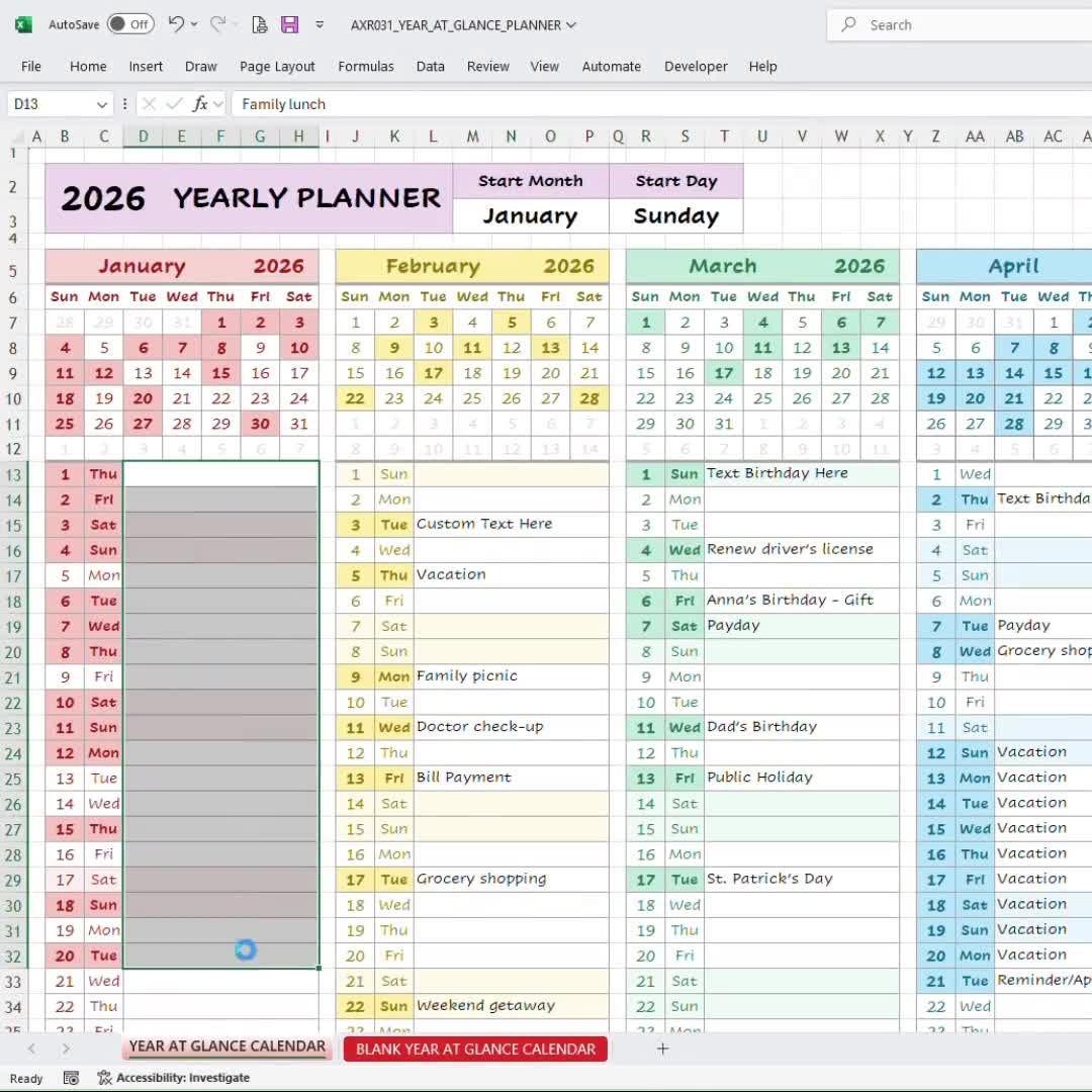 One Page Monthly Planner 12 Months Yearly Overview Spreadsheet For Google Sheets amp Excel Template Excel Annual Calendar Template