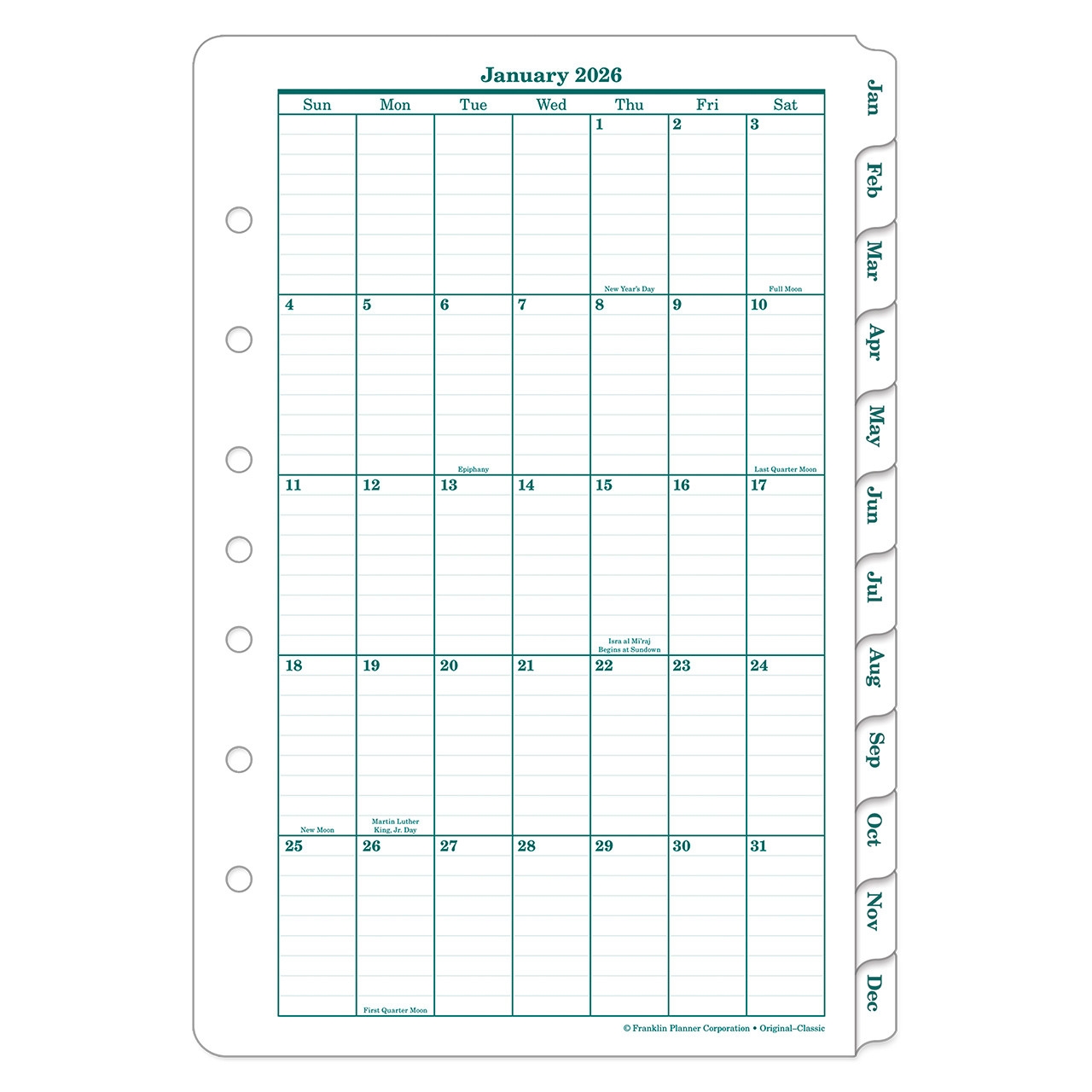 Original One Page Monthly Calendar Tabs Franklin Planner