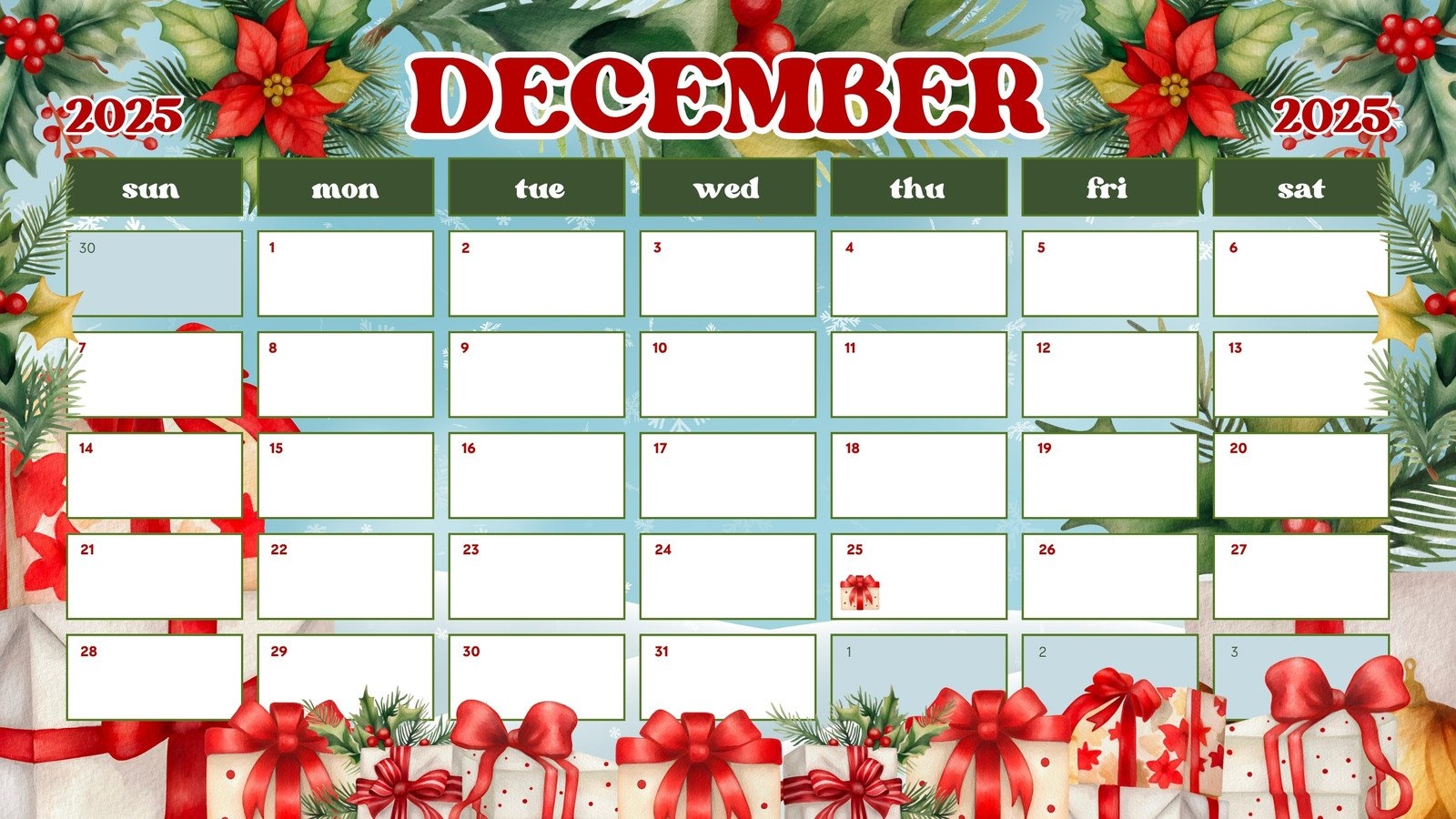Printable December Christmas Calendar