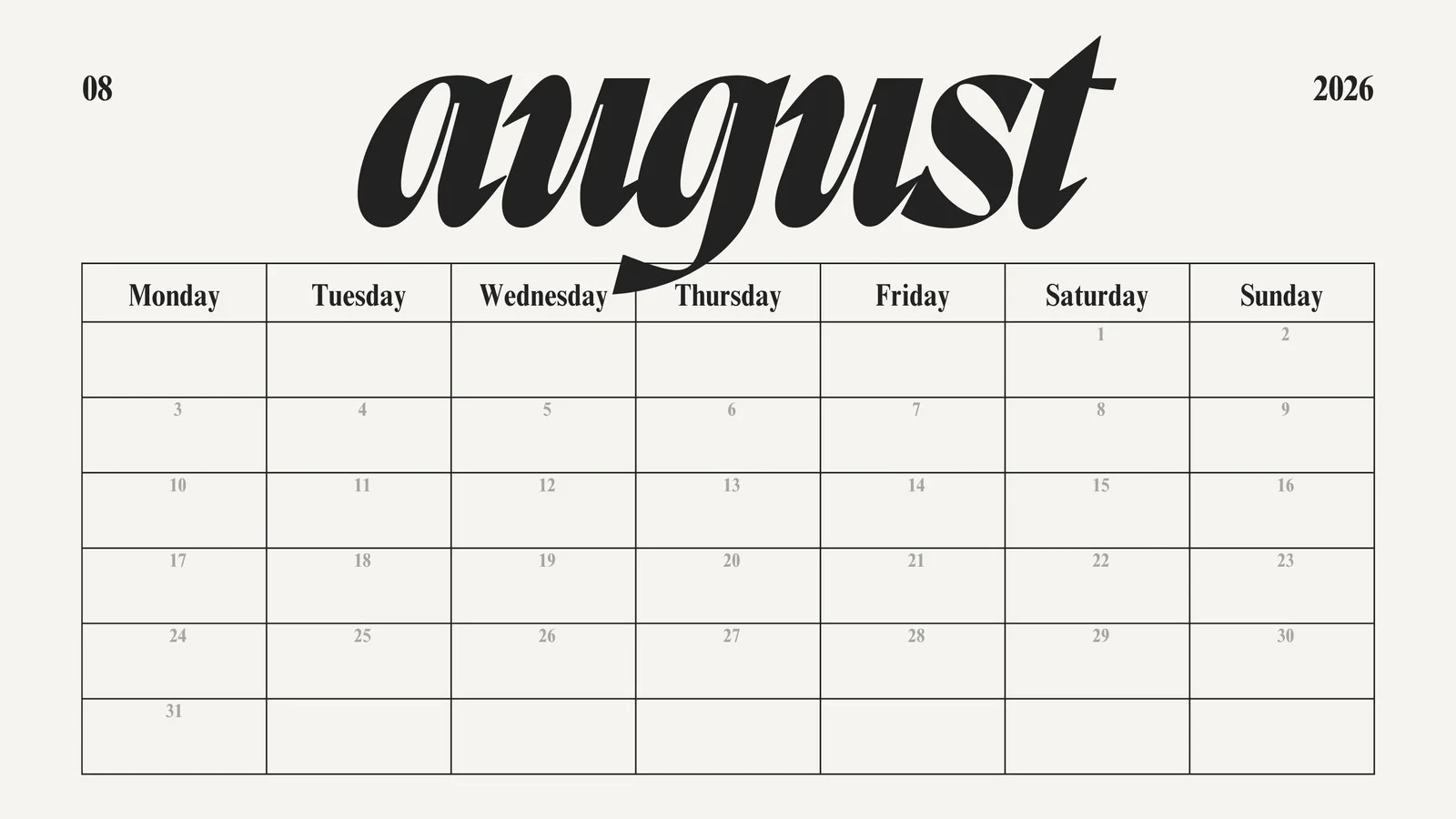Blank Printable Calendar 2026 August