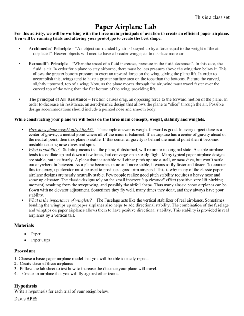 Paper Airplane Lab Worksheet