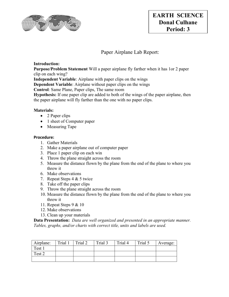 Paper Airplane Lab Report Earth Science Experiment