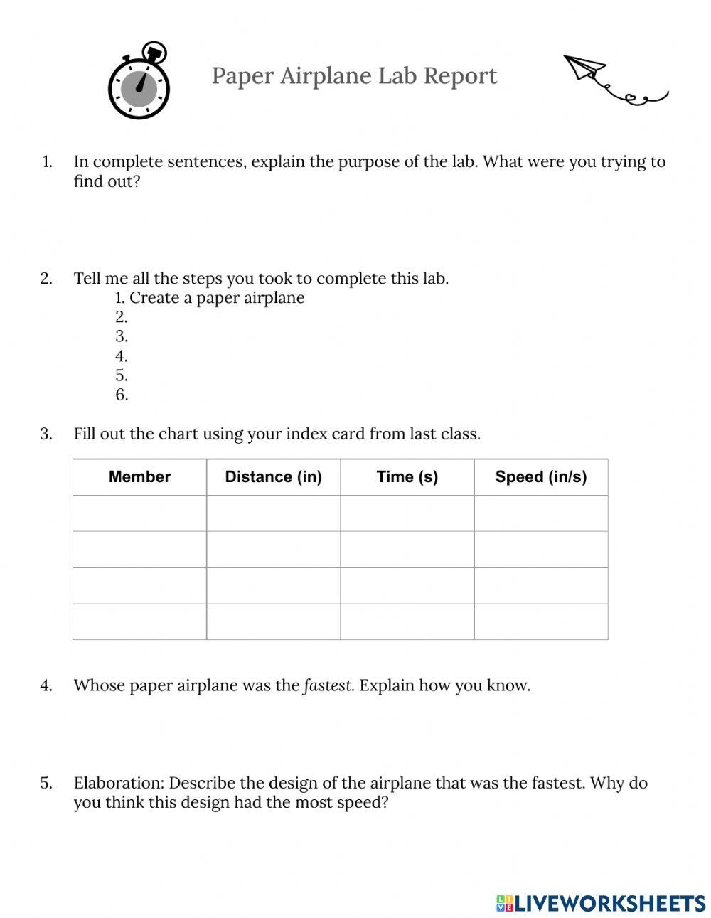 Paper Airplane Lab Report Worksheet Worksheets Library