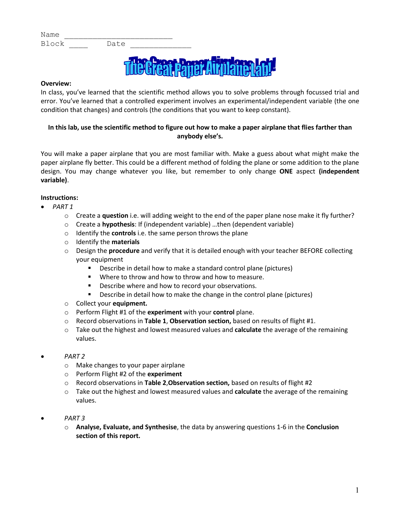 Paper Airplane Science Lab Experiment amp Report