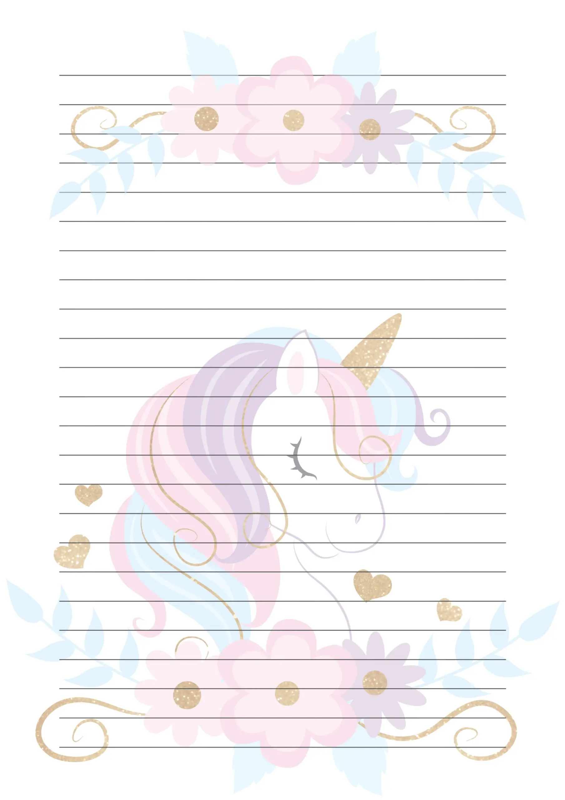 Pastel Unicorn Lined A4 Writing Paper Instant Download Printable Writing Paper 