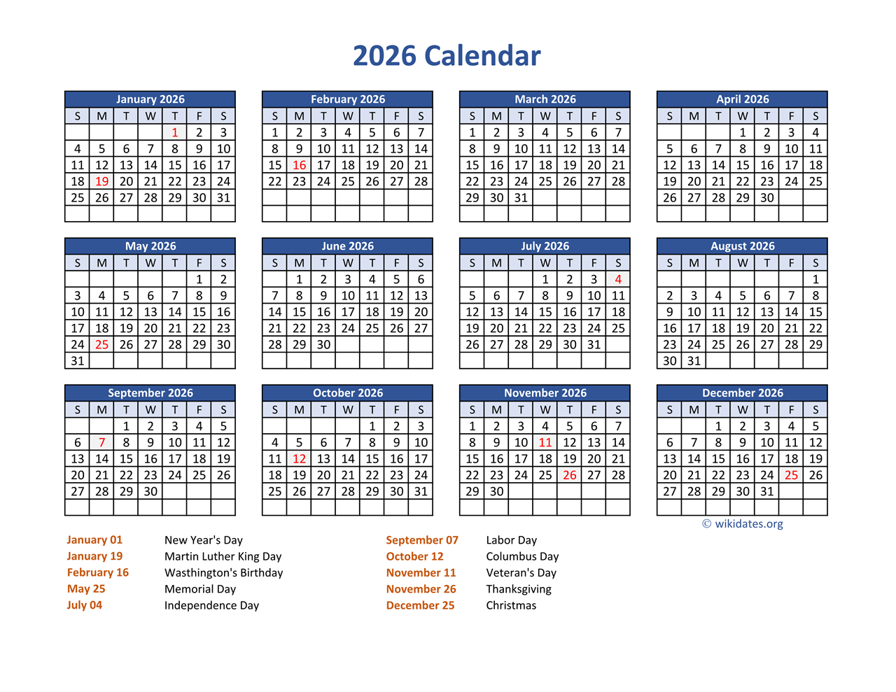 Free 2026 Calendar With Holidays Printable