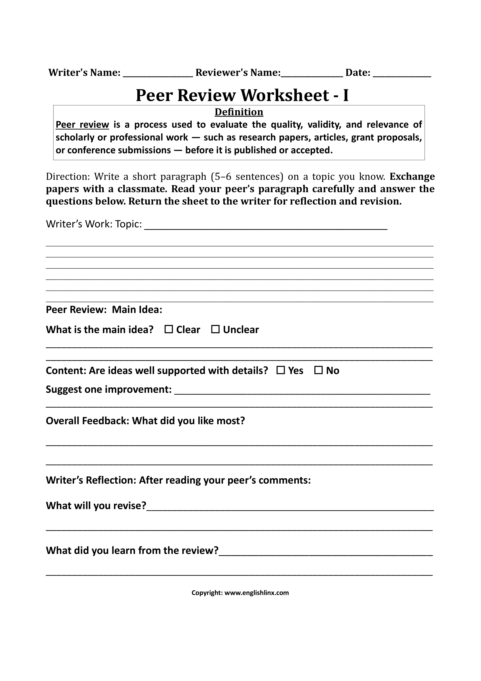 Peer Review Worksheet I Peer Review Worksheets