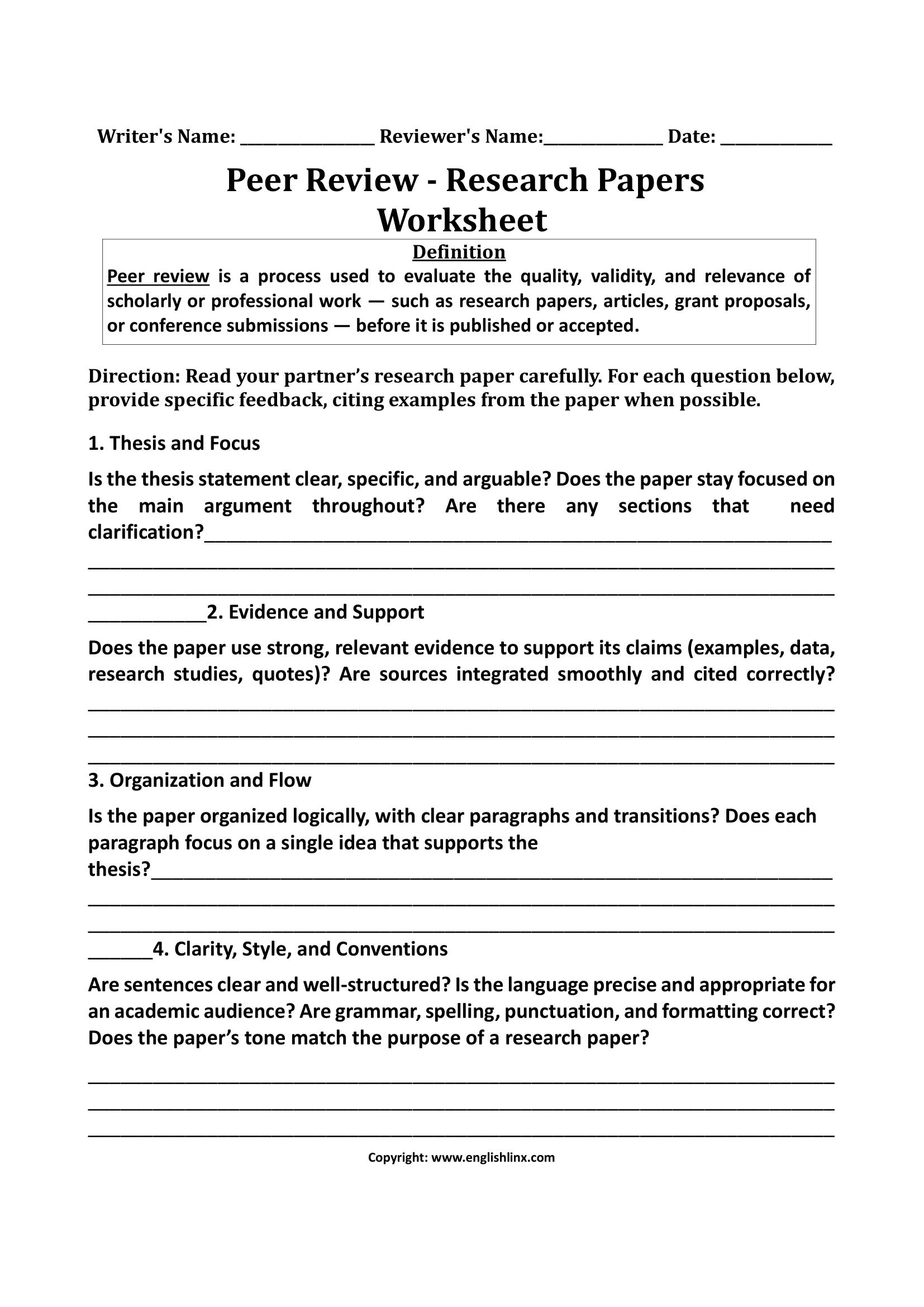 Peer Review Worksheets Peer Review Research Papers Worksheet
