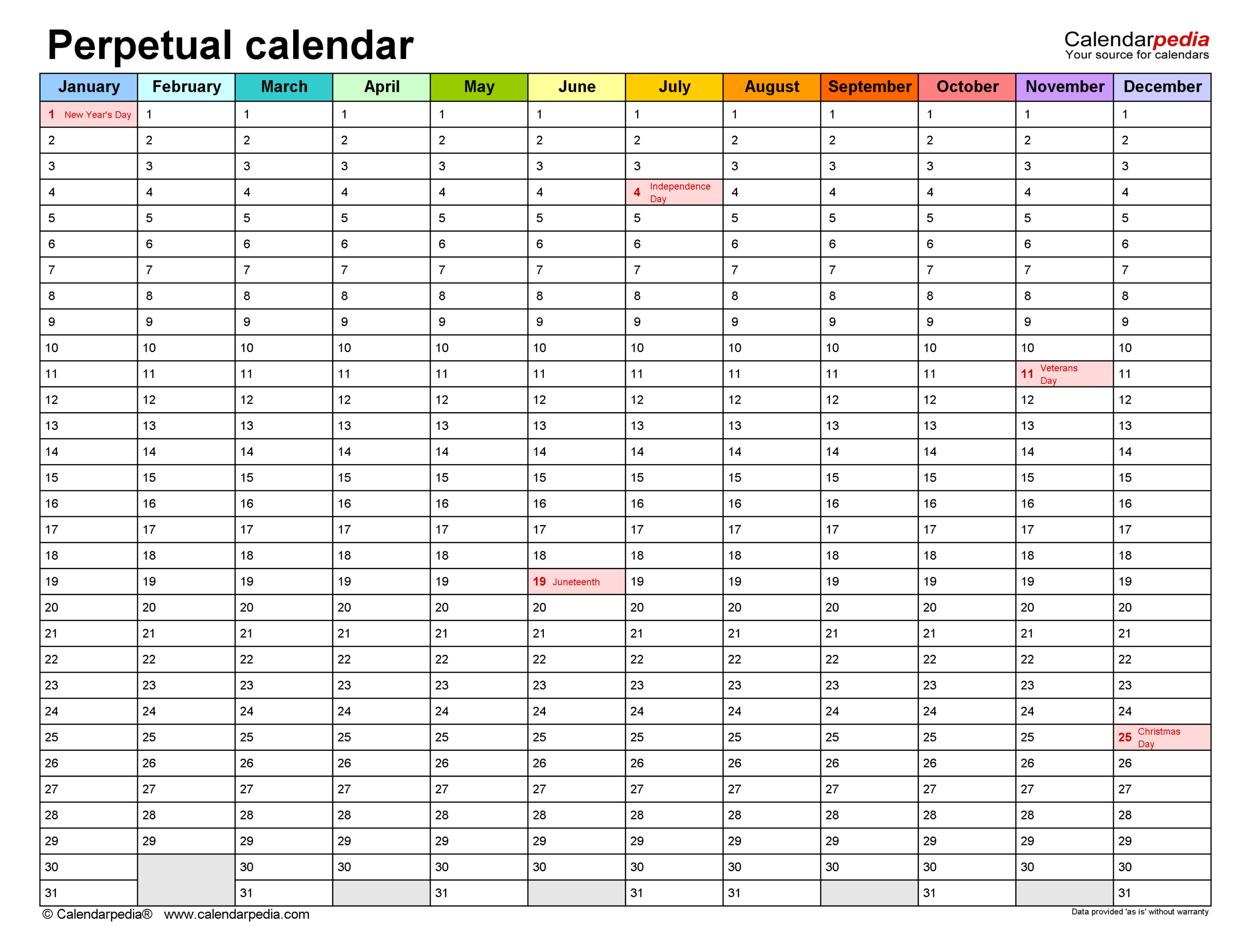 Printable Blank Perpetual Calendar Month