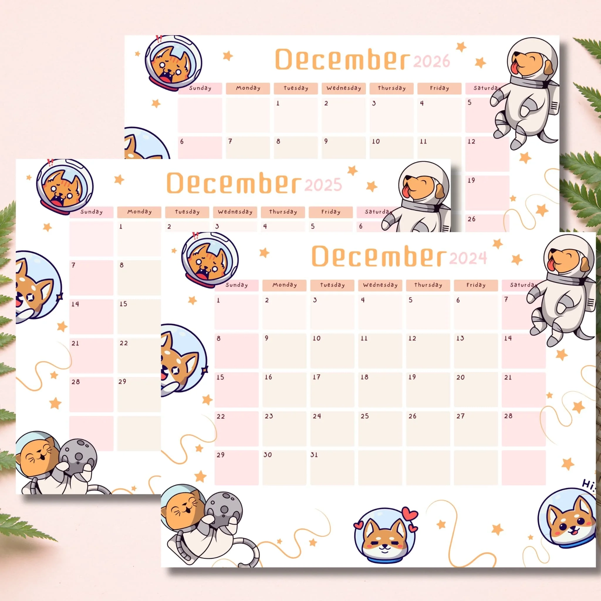 Pink amp Beige Space Pups December Calendar 2024 2026 Free A4 PDF 