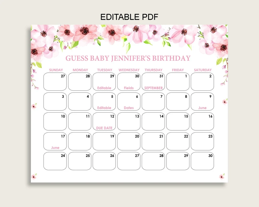 Pink Green Guess Baby Due Date Calendar Game Printable Flower Blush Baby Shower Girl Birthday Prediction Calendar Editable Instant VH1KL Etsy de