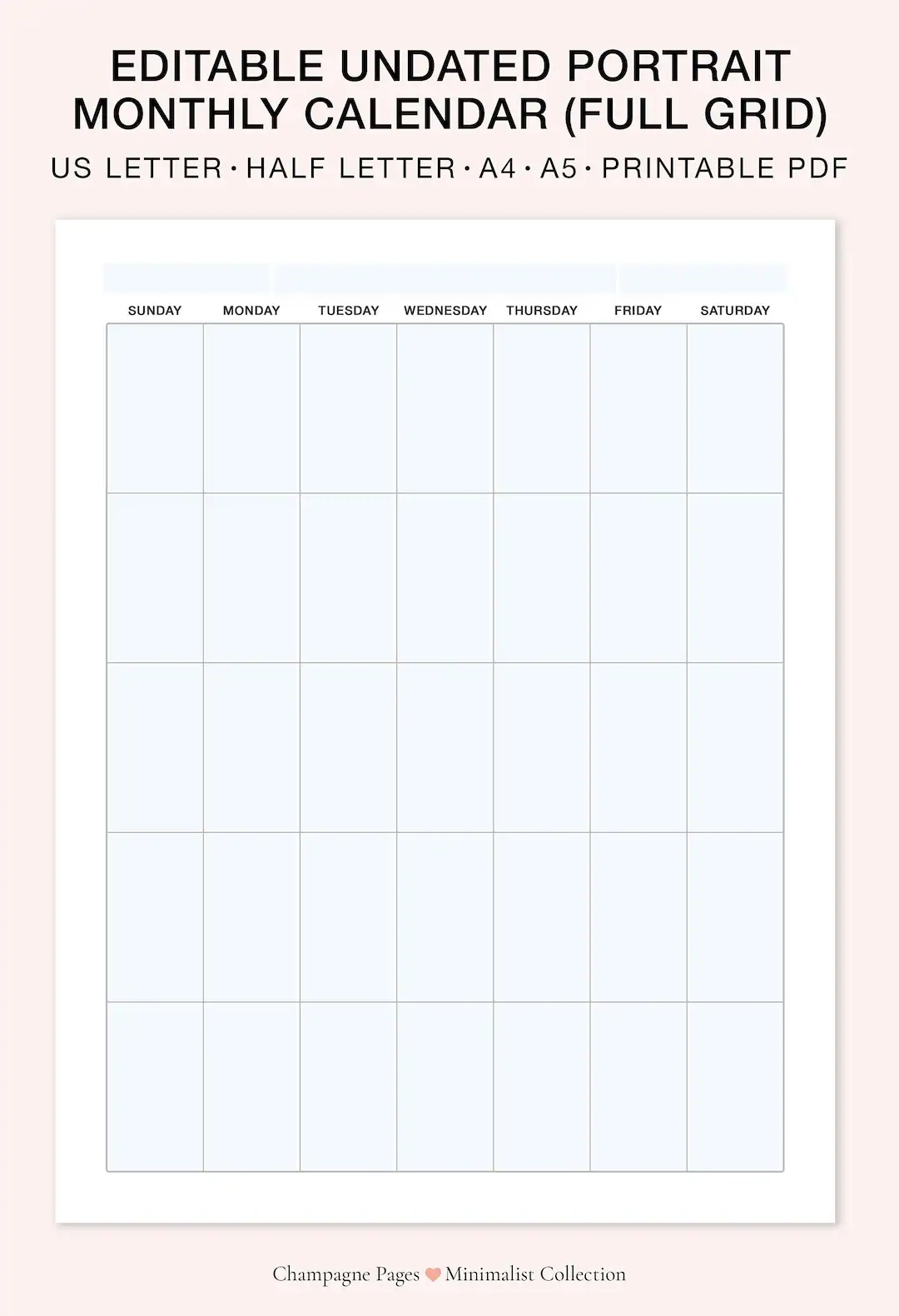 Portrait Editable fillable Monthly Calendar Printable Blank Monthly Calendar Template Undated Vertical Calendar A5 a4 letter half Size Etsy