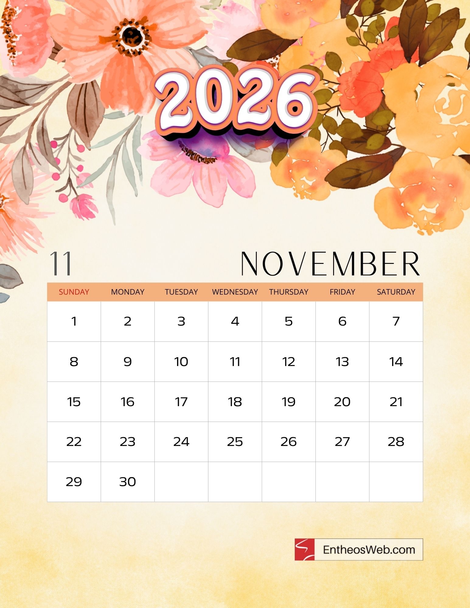 Printable 2026 Calendar Beautiful Watercolor Floral Design 