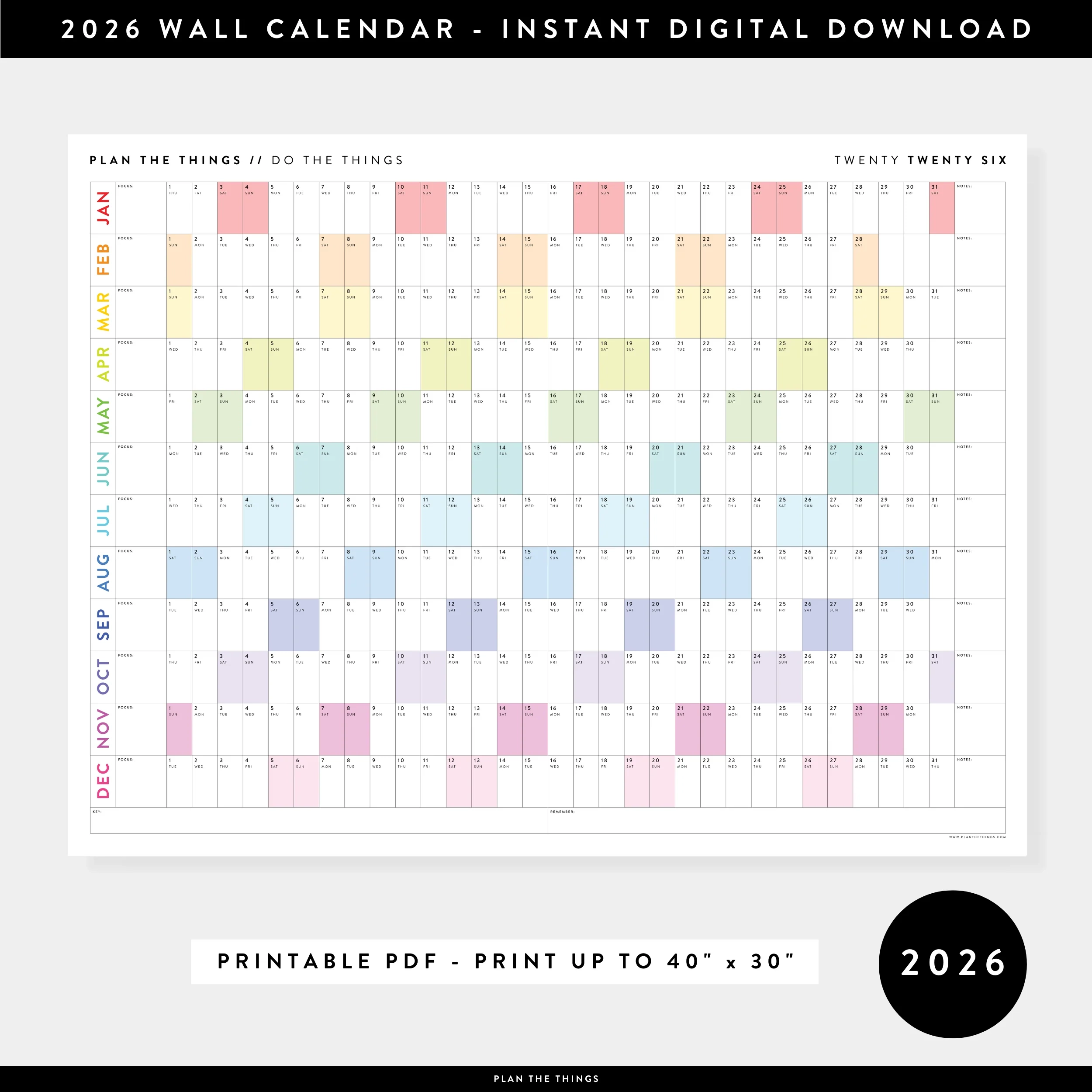 PRINTABLE 2026 HORIZONTAL WALL CALENDAR WITH RAINBOW WEEKENDS 