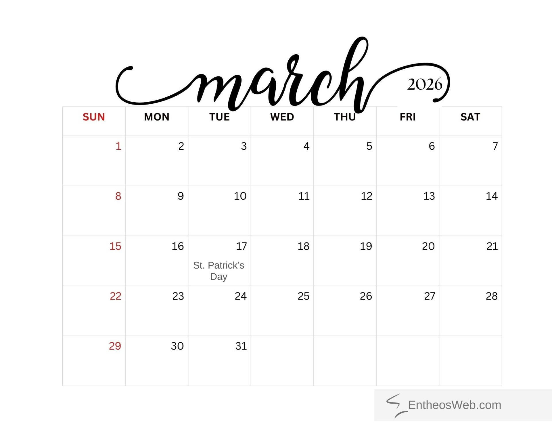 Printable 2026 Monthly Calendar Black And White EntheosWeb