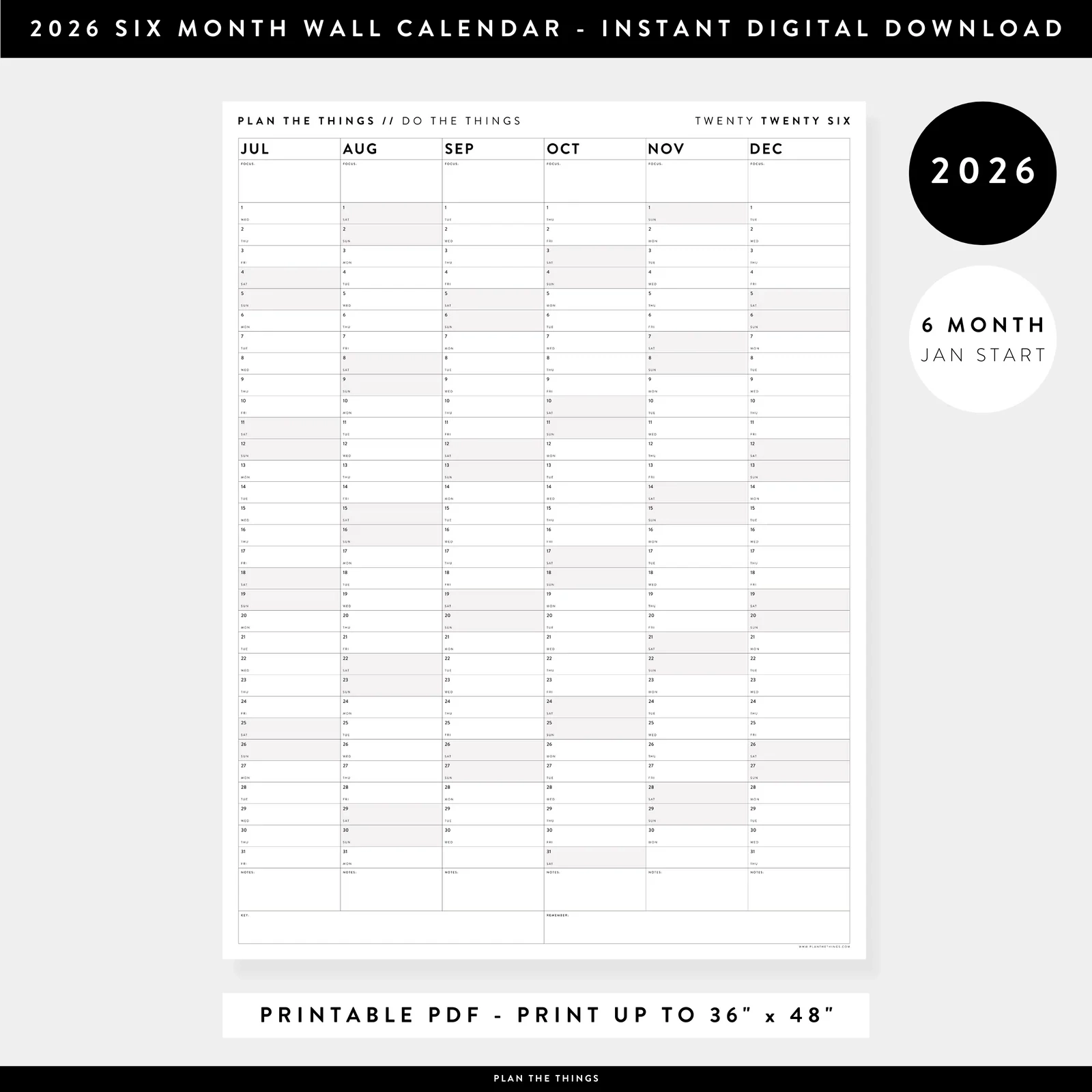 PRINTABLE 2026 SIX MONTH CALENDARS JANUARY JUNE INSTANT 