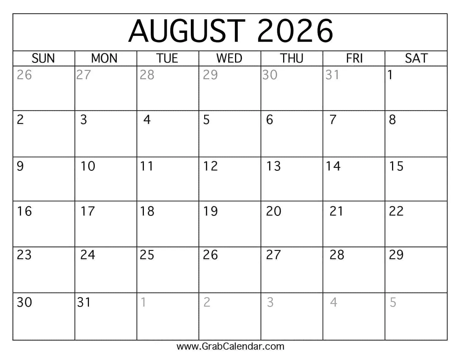 Printable August 2026 Calendar