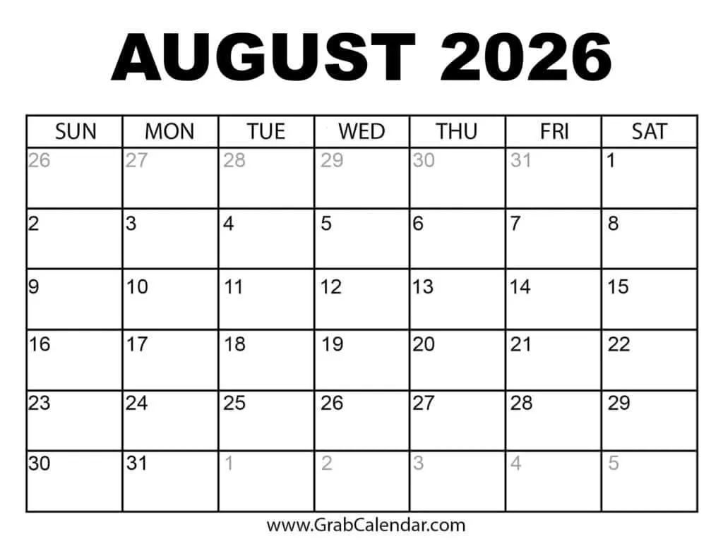 August 2026 May 2027 Calendar Printable