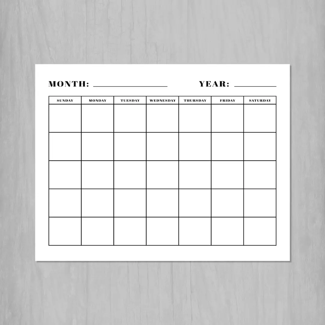 Printable Blank Calendar Page Monthly Calendar Template Reusable 