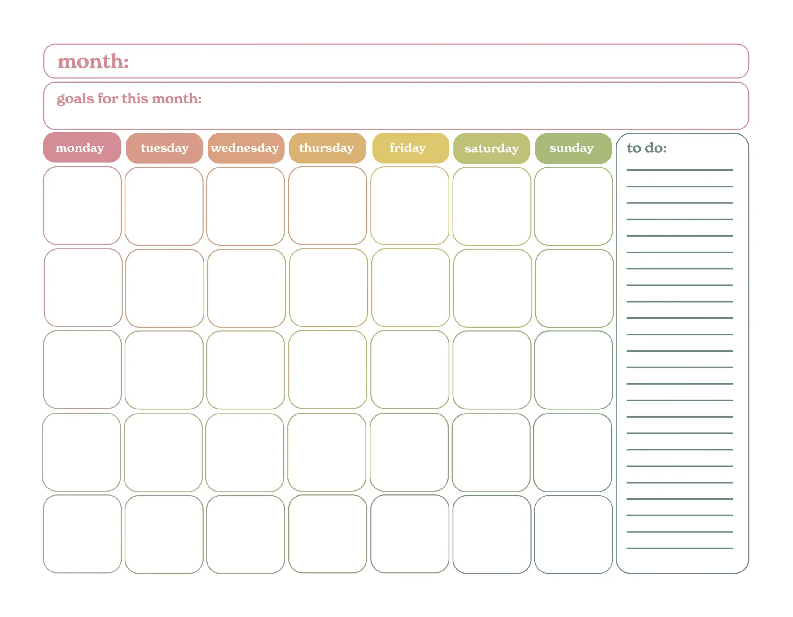 Printable Blank Calendar Rainbow Instant Download Etsy