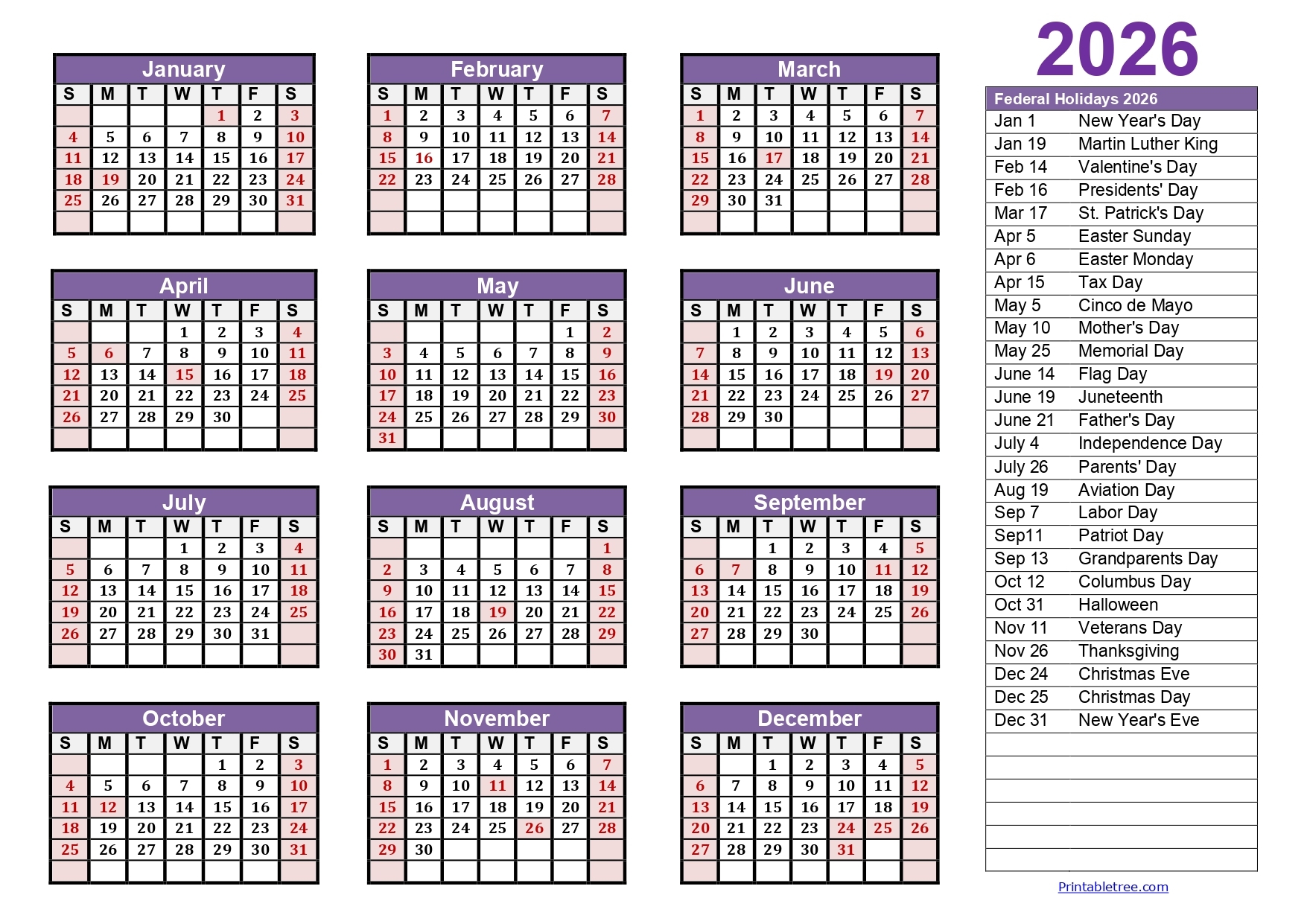 2026 Single Page Calendar Printable