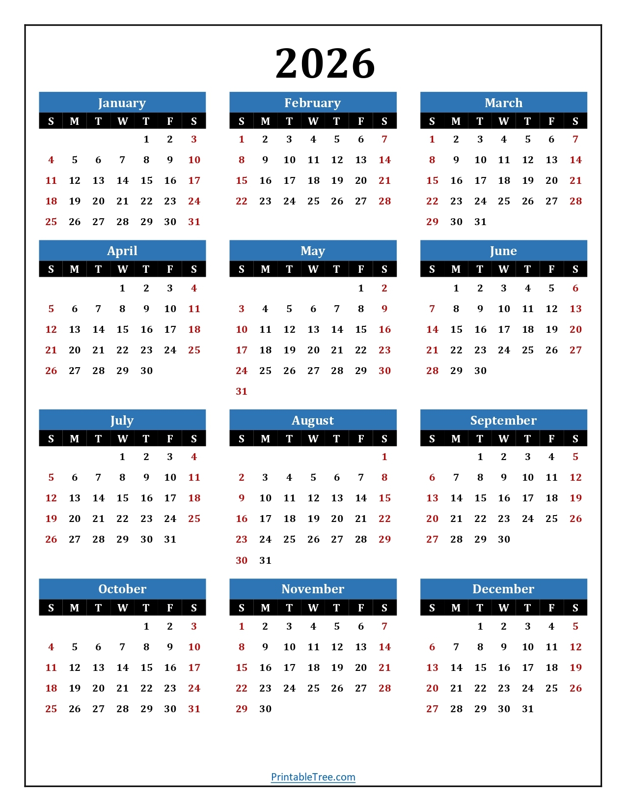 Free Yearly Printable Calendar 2026