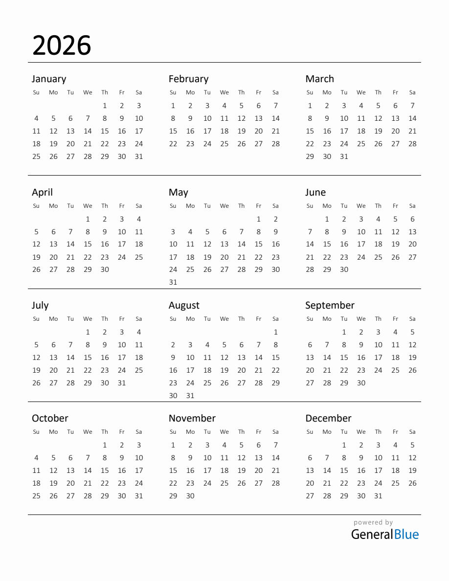 2026 Calendar Template Free Download