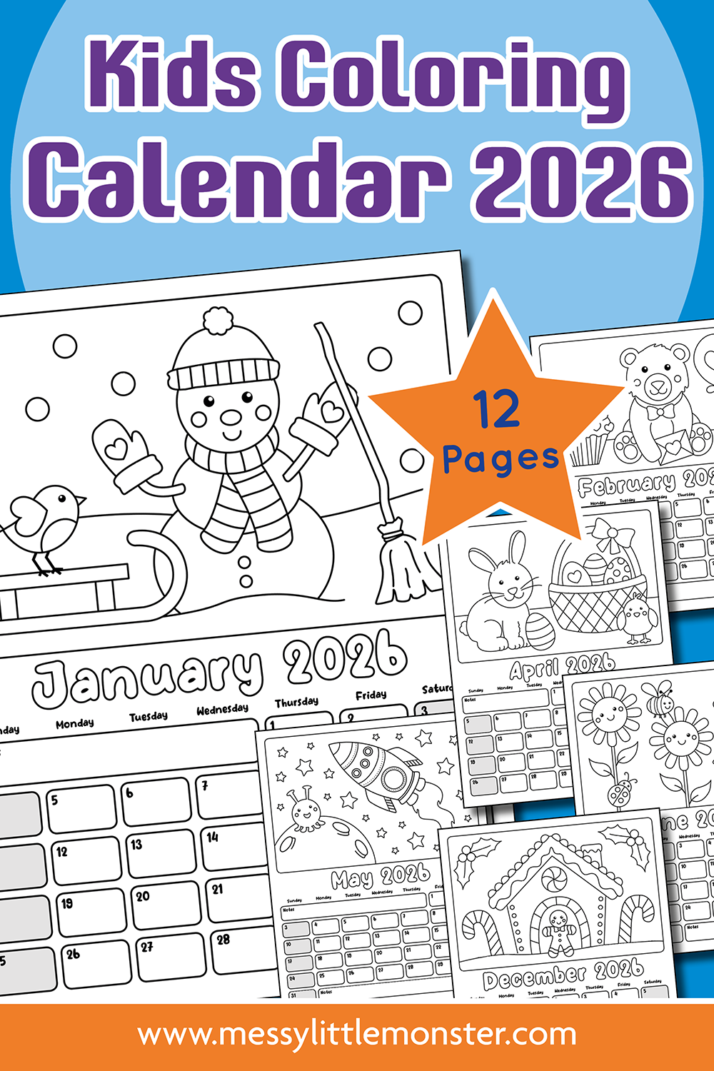 Printable Calendar For Kids 2026 Free Messy Little Monster