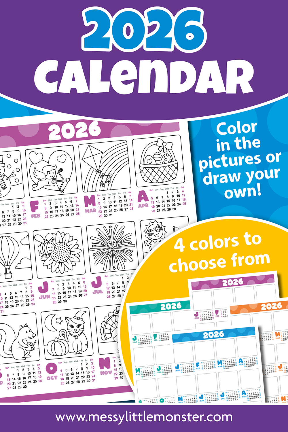 Printable Calendar For Kids 2026 Free Messy Little Monster