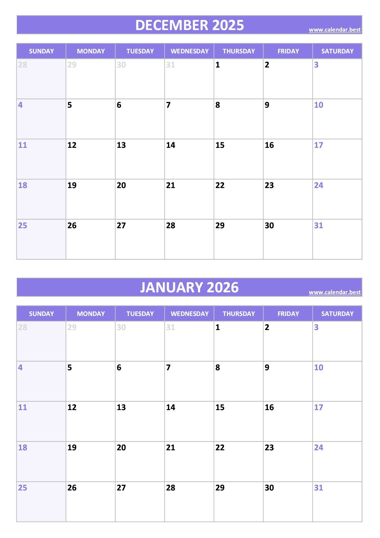 Printable December 2025 And January 2026 Calendar Free PDF amp JPG 
