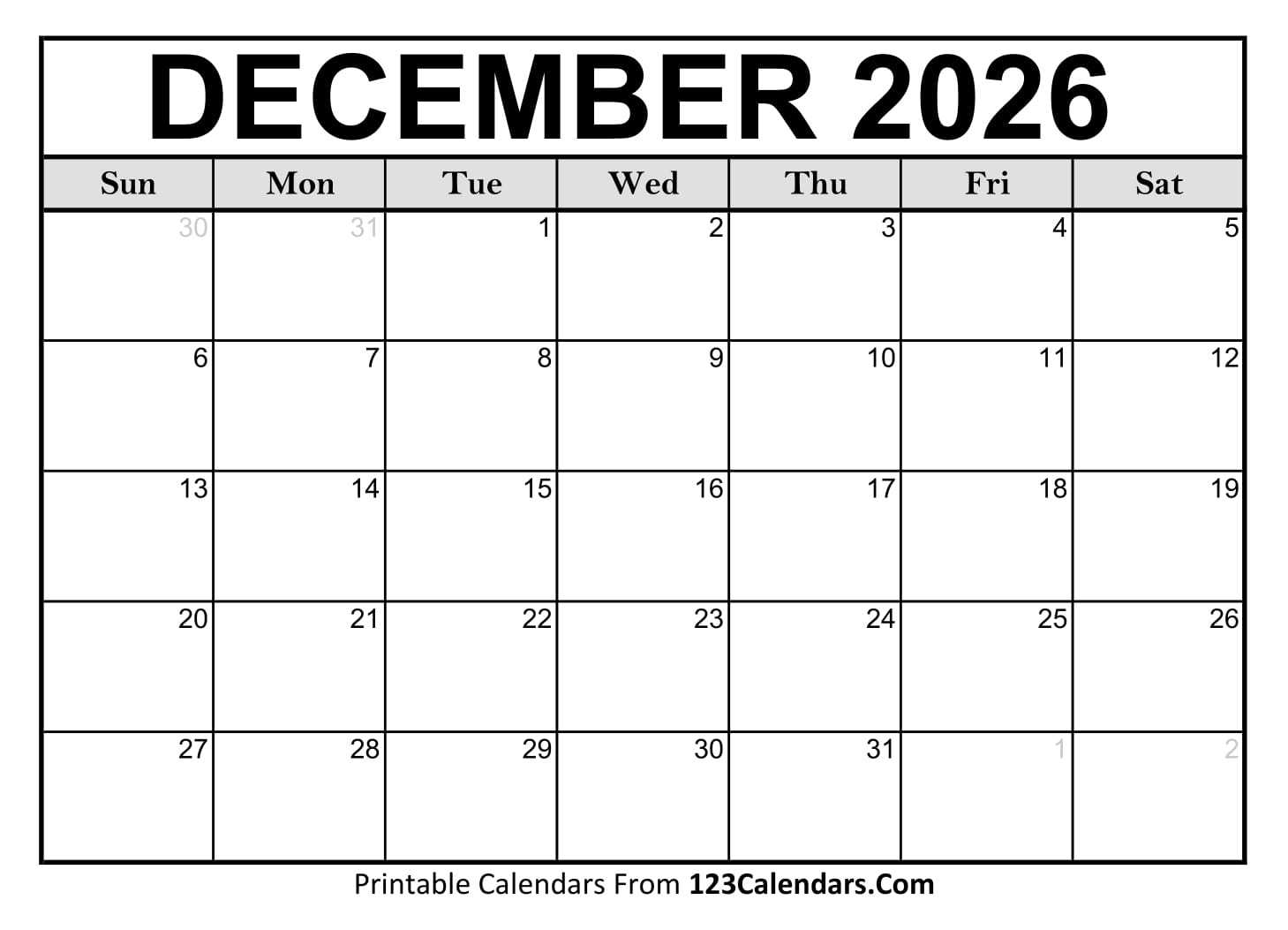 Printable December 2026 Calendar Templates Easy To Download amp Print