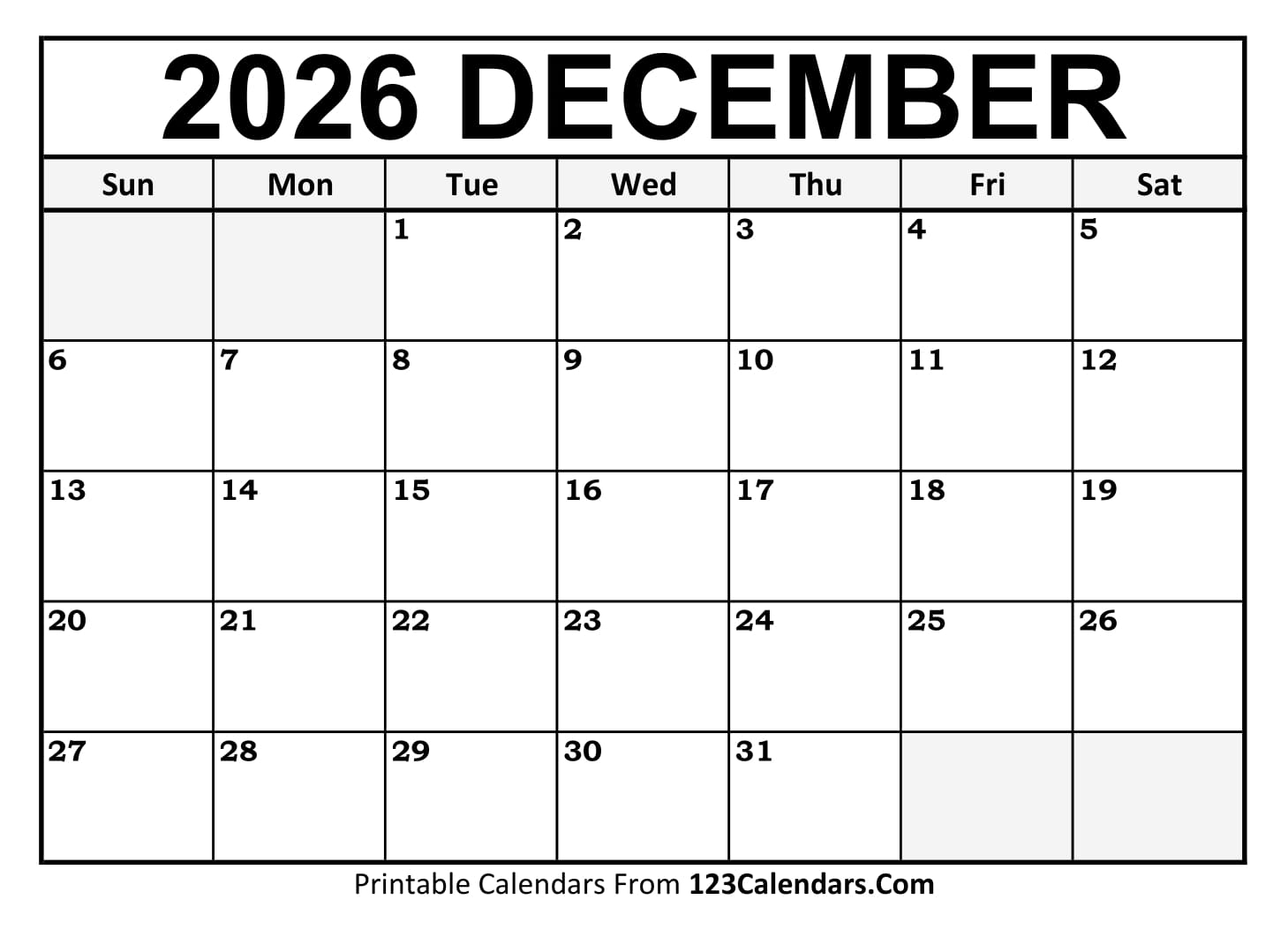 Printable December 2026 Calendar Templates Easy To Download amp Print
