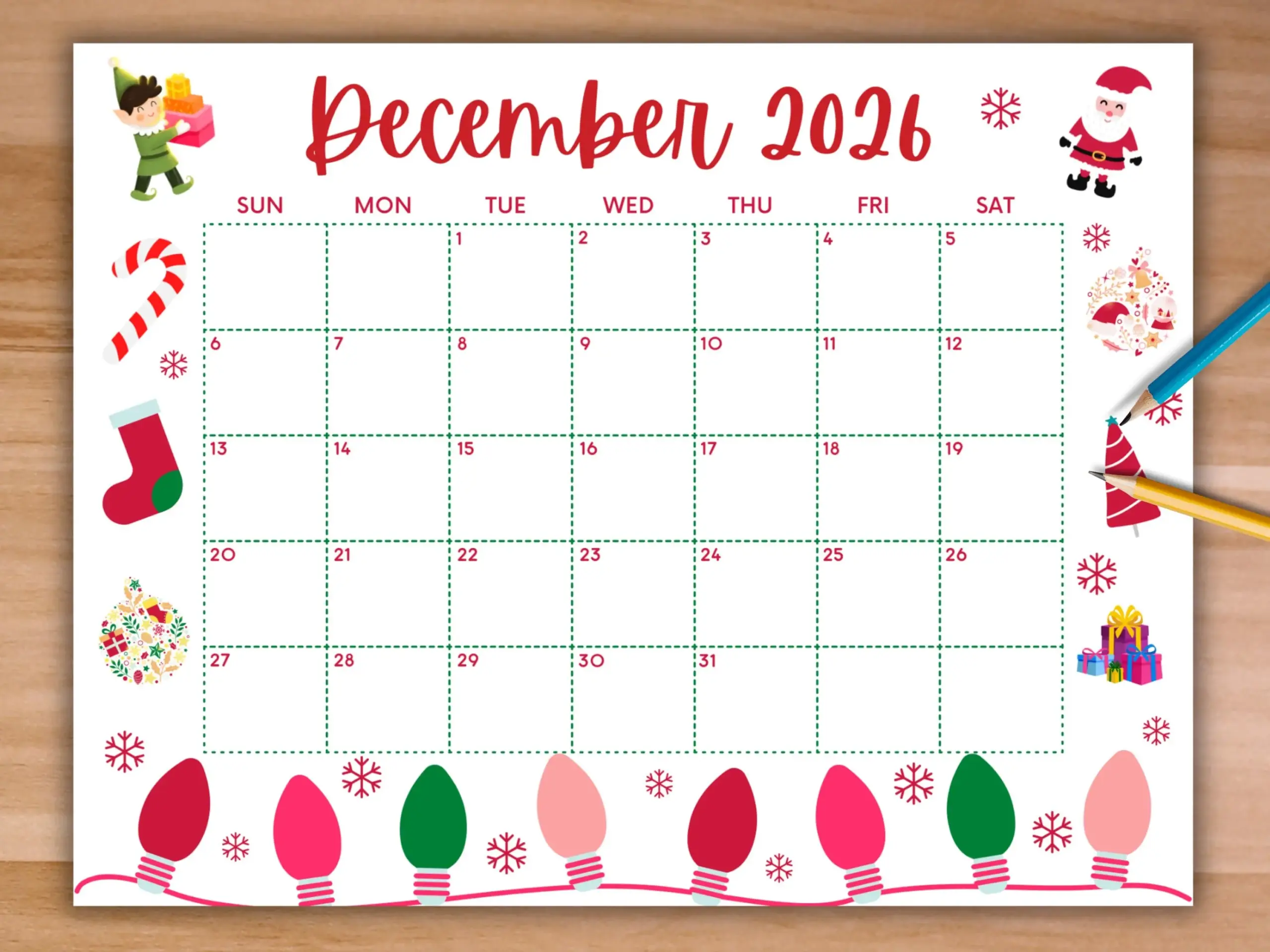 Printable December Calendar 2026 Christmas Calendar Holiday 