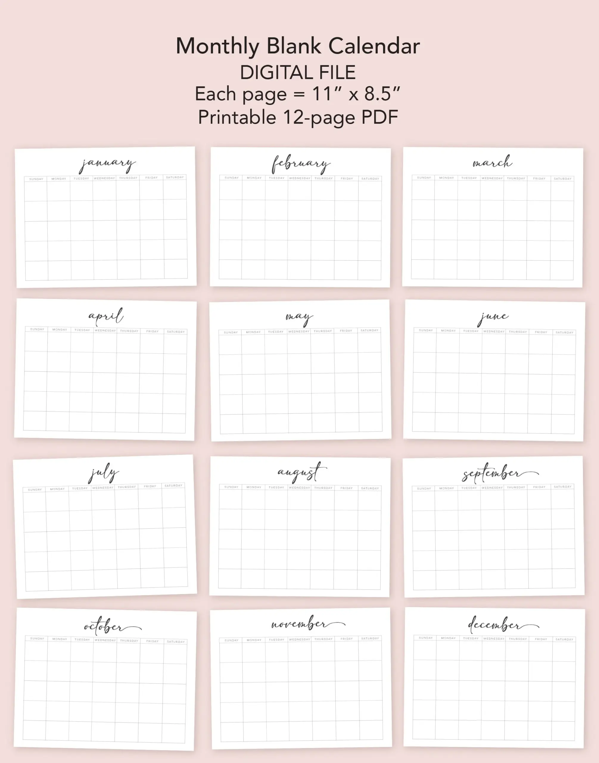 Printable Digital Calendar Blank Monthly PDF Etsy