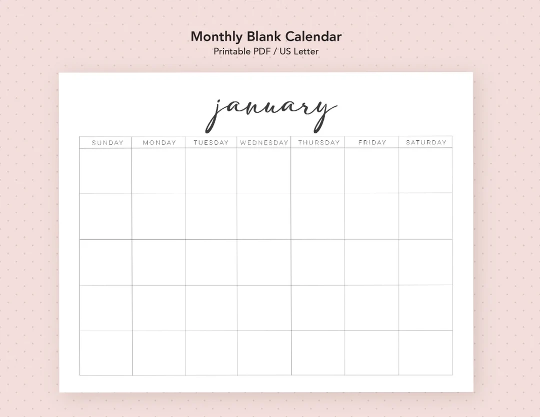 Printable Digital Calendar Blank Monthly PDF Etsy