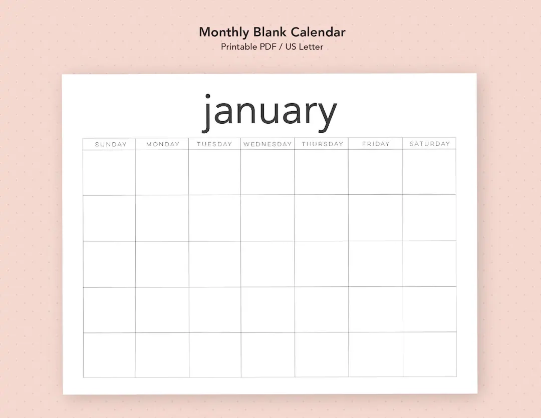 Printable Digital Calendar Blank Monthly PDF Sans Style Etsy