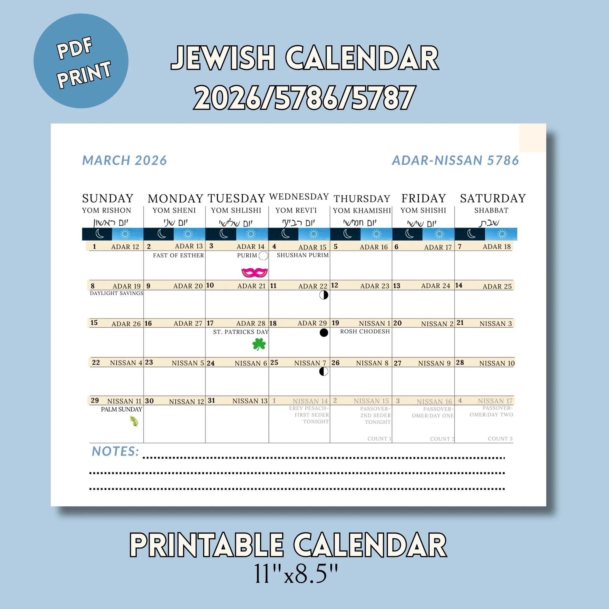 Printable Jewish Calendar 2026