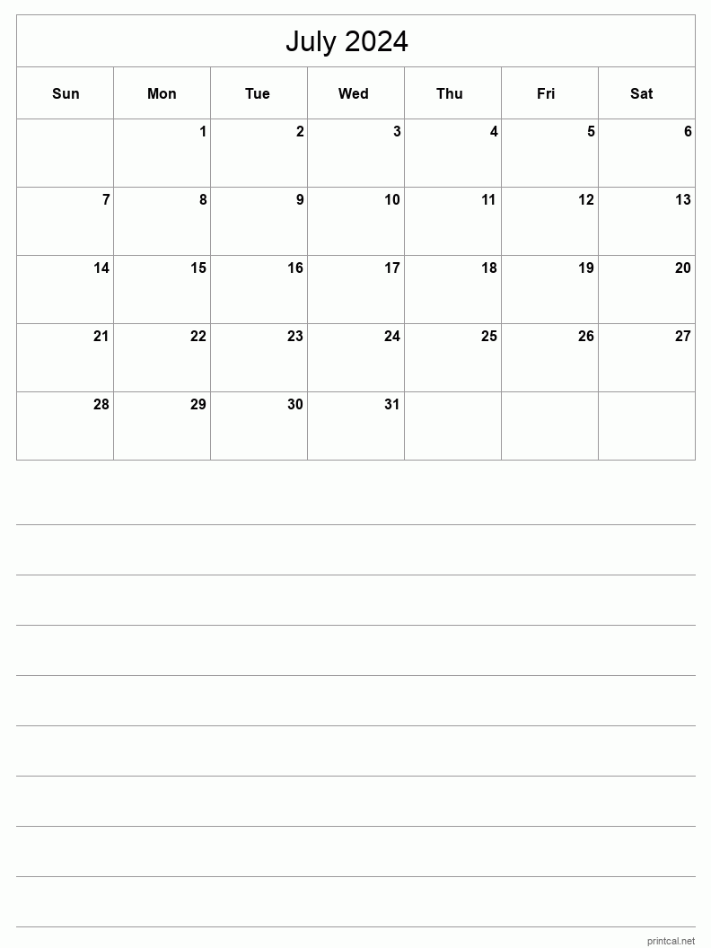 Printable July 2024 Calendar Half Page With Notesheet