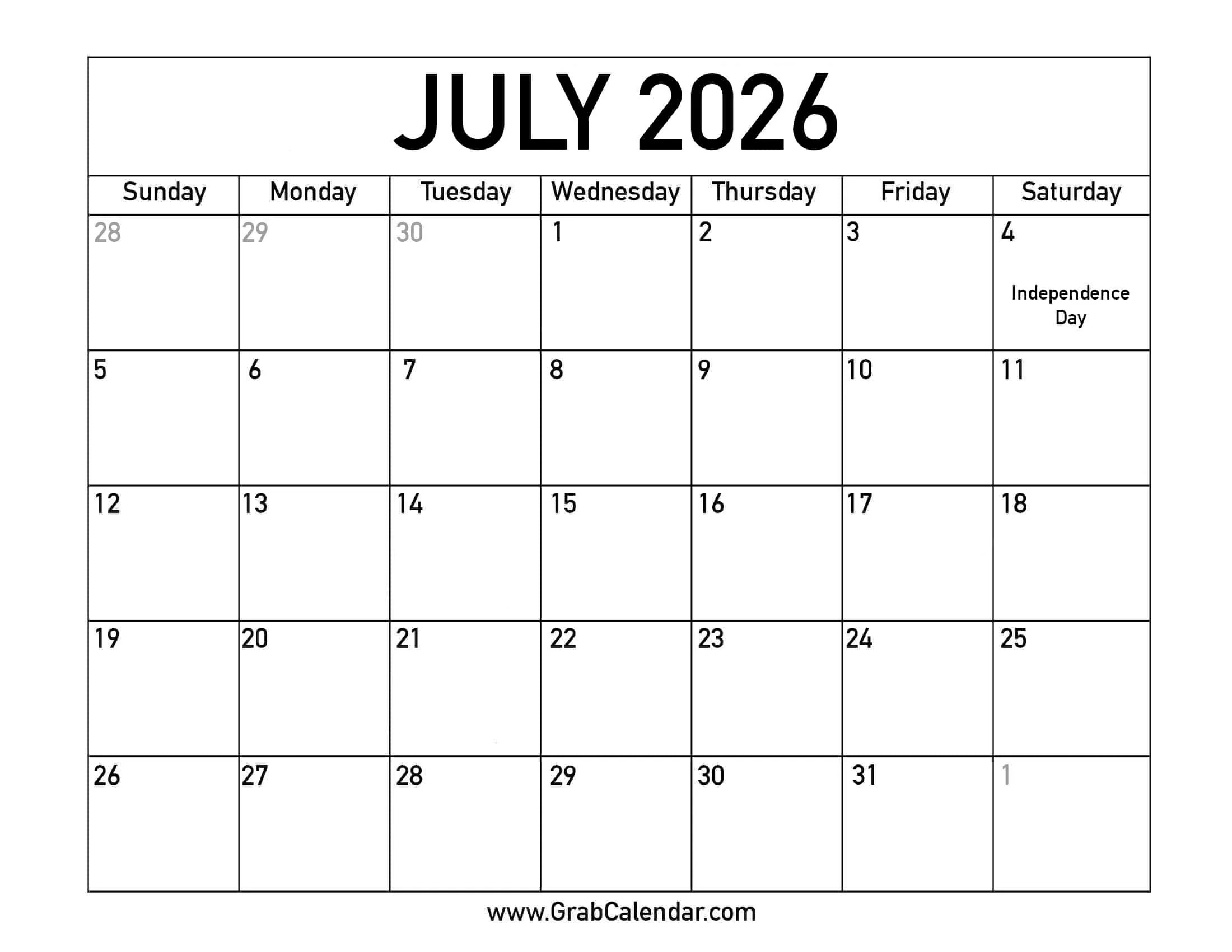 Printable July 2026 Calendar