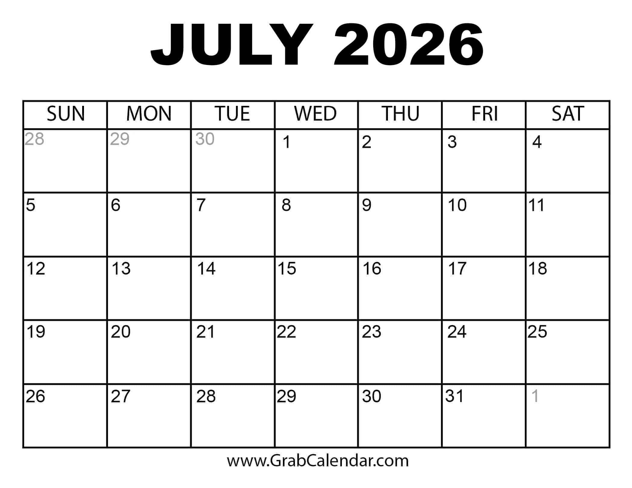 Blank Printable Monthly Calendar July