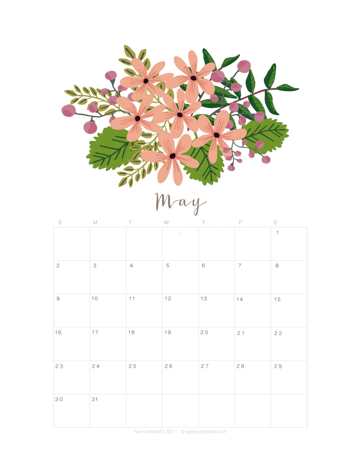 Printable May 2021 Calendar Monthly Planner 2 Designs Flowers 