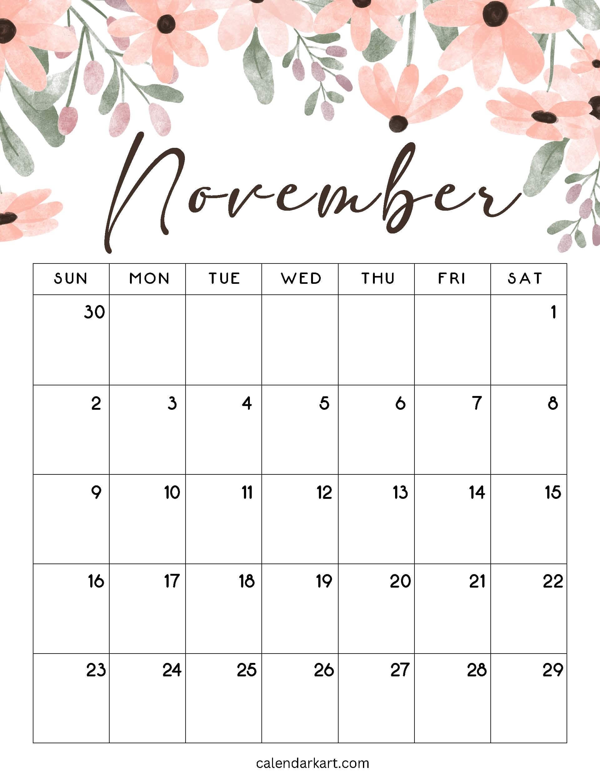 November Calendar Printable Free