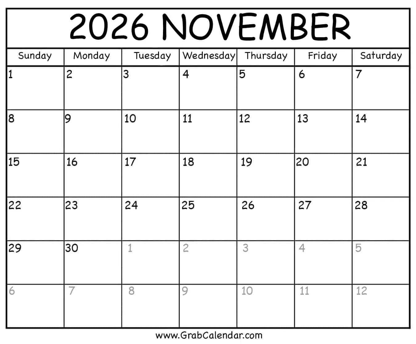 Printable November 2026 Calendar
