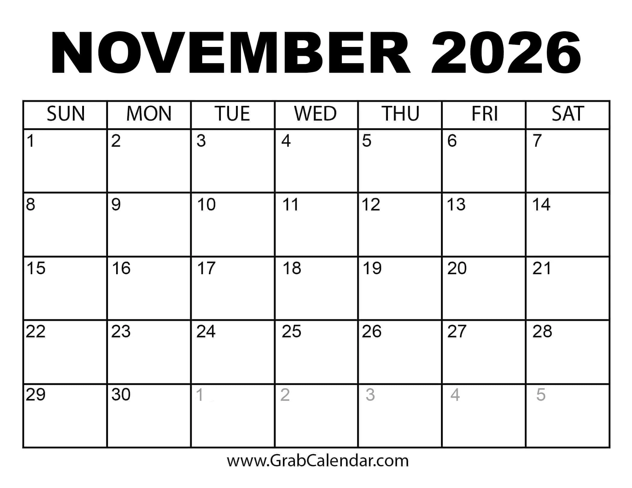 Printable November 2026 Calendar
