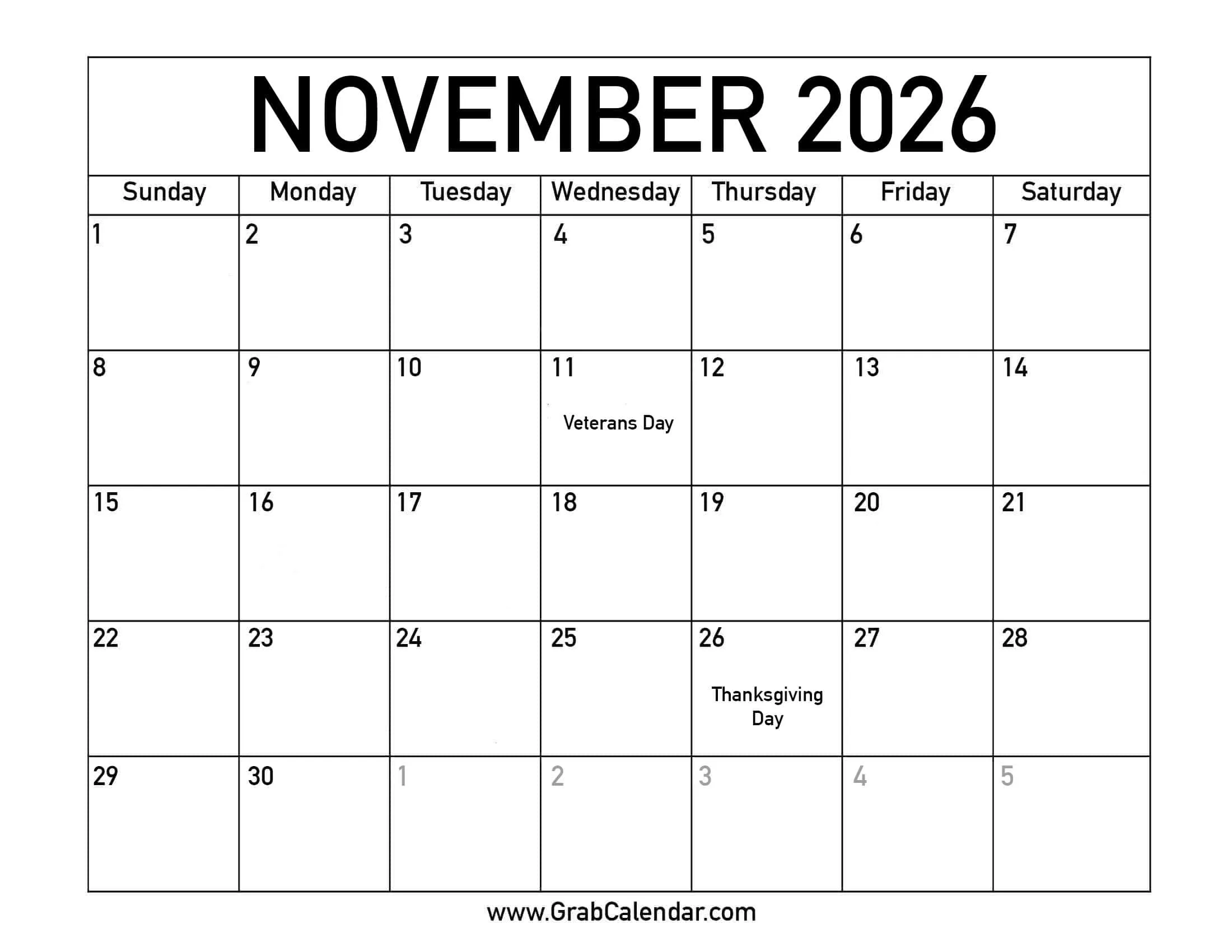 Printable November 2026 Calendar