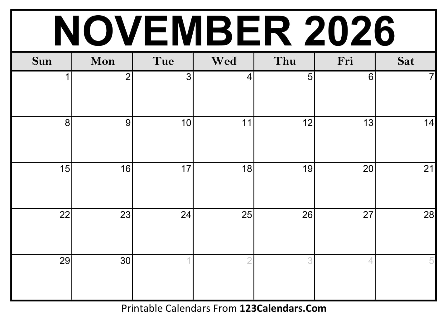 Printable November 2026 Calendar Templates Easy To Download amp Print