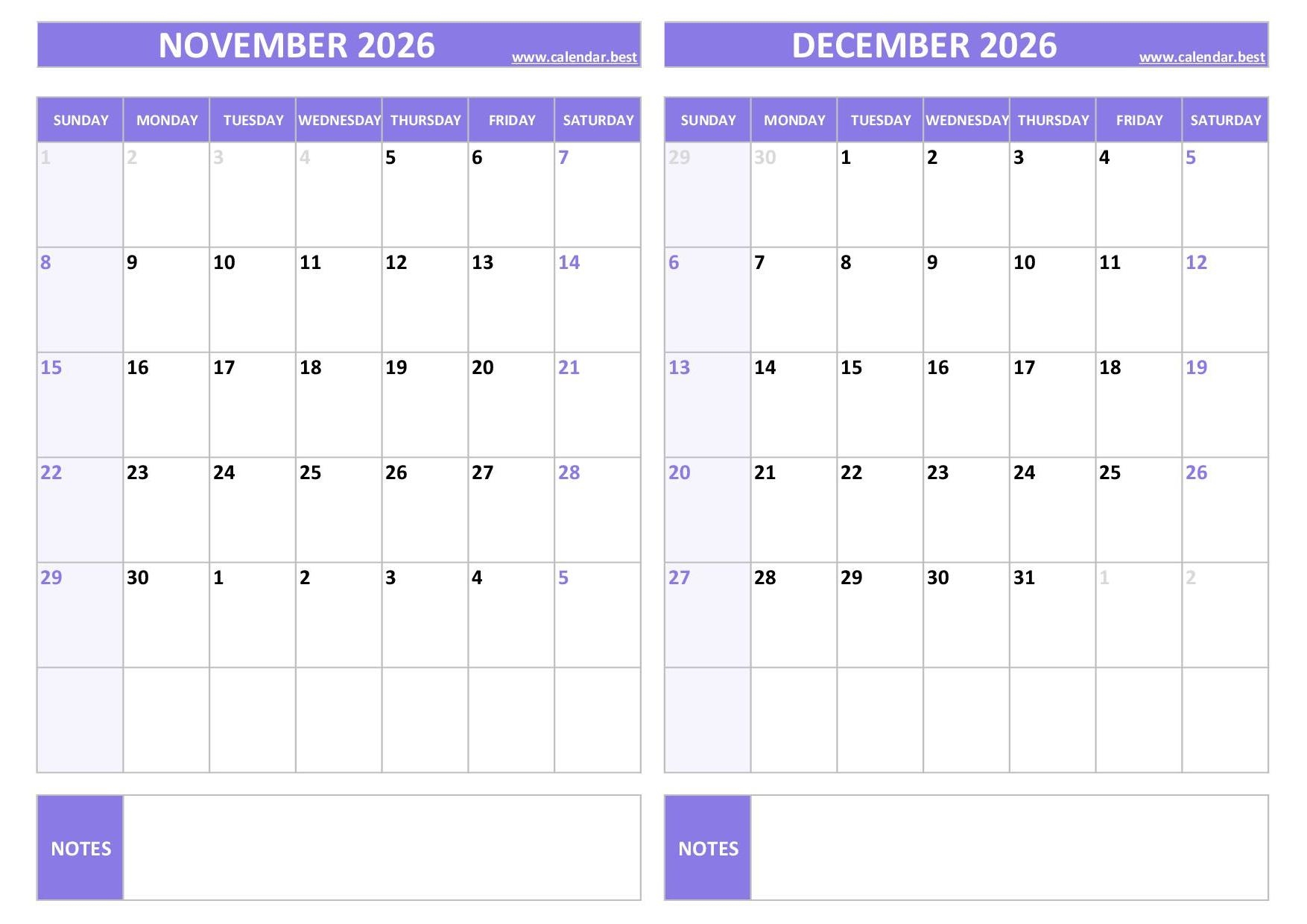 Printable Calendar November To December 2026